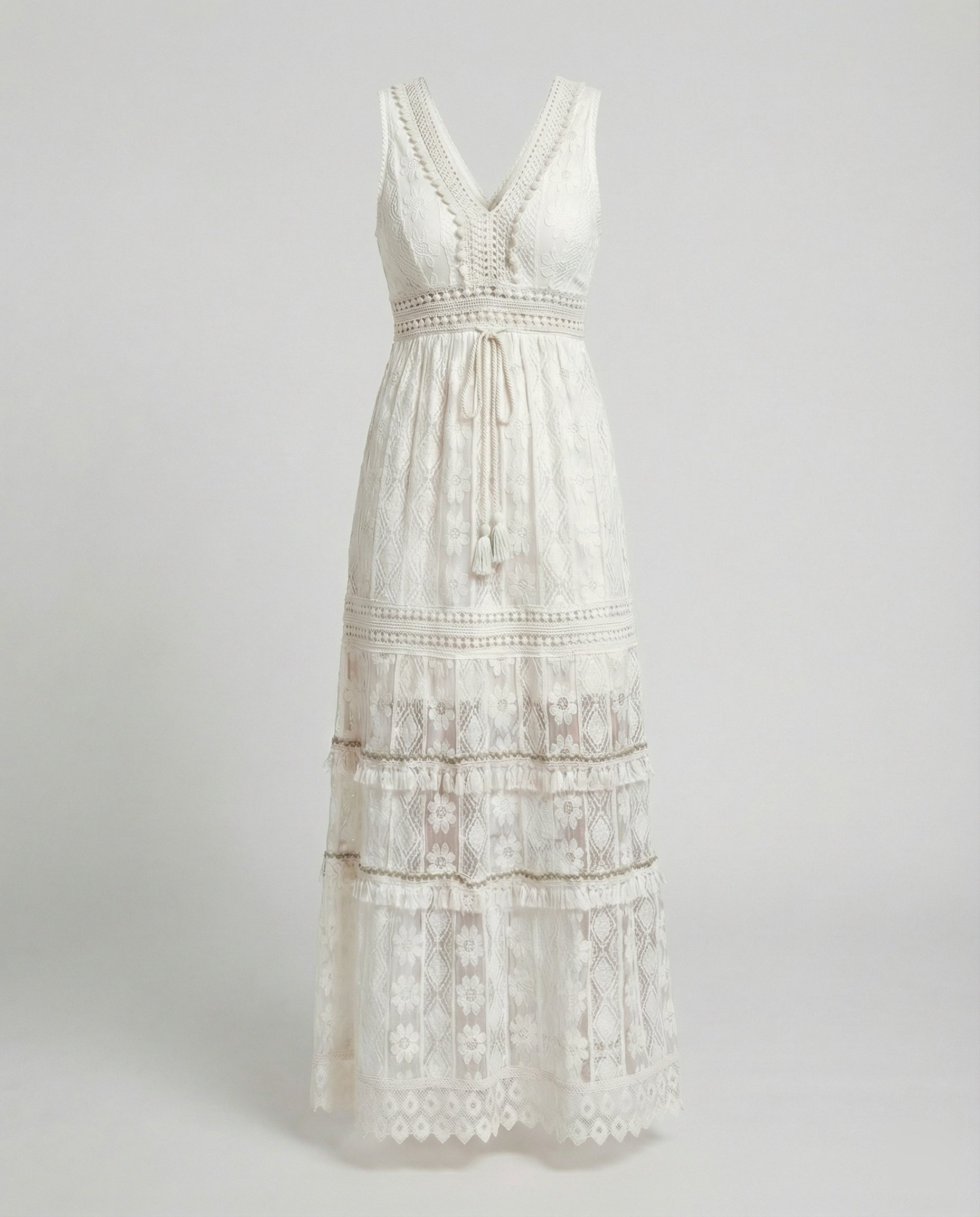 Bohemian Lace Maxi Dress with Tiered Skirt and Tassel Waist