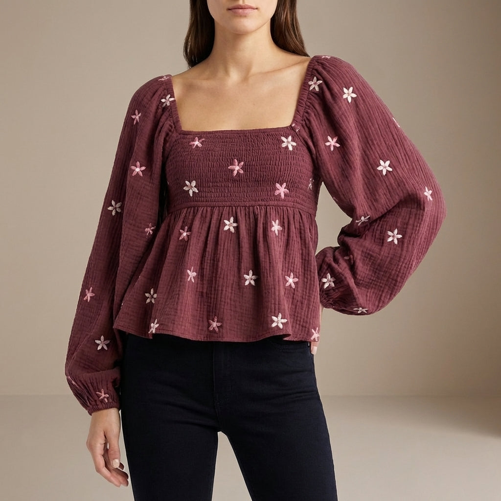 Bohemian-Inspired Peplum Top with Smocked Bodice and Embroidered Detail