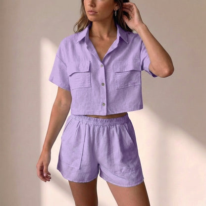 Relaxed Collared Two-Piece Shorts Set in Lightweight Textured Woven Fabric