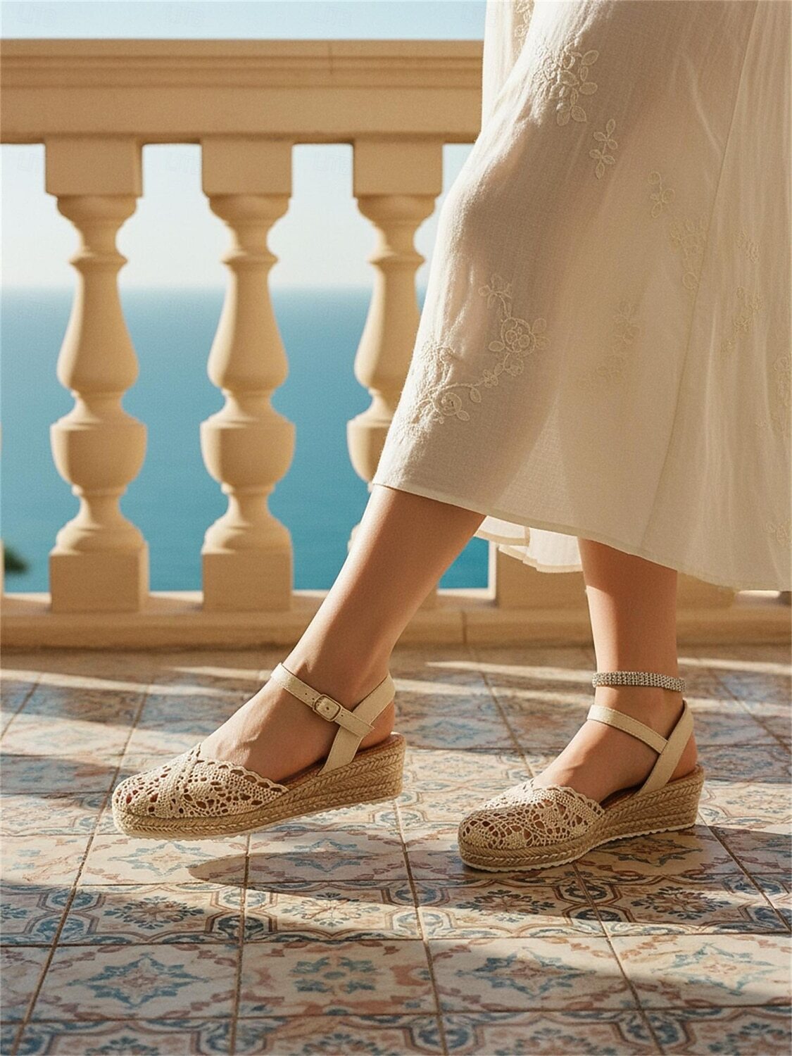 Crochet Openwork Espadrille Wedge Sandals with Adjustable Ankle Strap