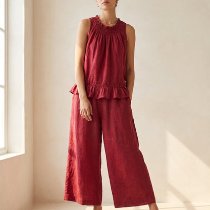 Bohemian-Inspired Relaxed Two-Piece Set with Ruffled Neckline and Wide-Leg Trousers