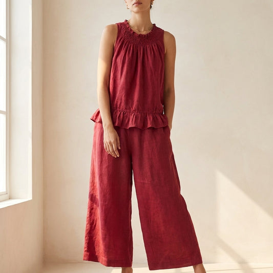 Bohemian-Inspired Relaxed Two-Piece Set with Ruffled Neckline and Wide-Leg Trousers