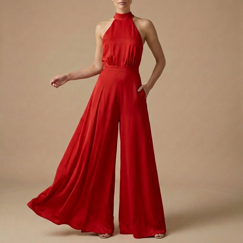 Halter Neck Wide-Leg Jumpsuit with Tie-Back Detail