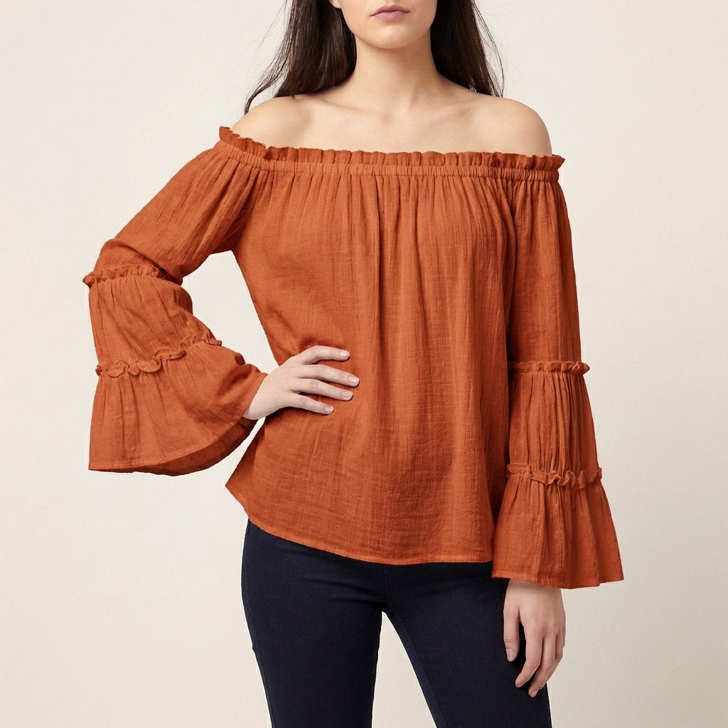 Bohemian Off-the-Shoulder Blouse with Tiered Bell Sleeves