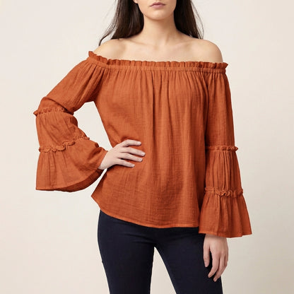 Bohemian Off-the-Shoulder Blouse with Tiered Bell Sleeves