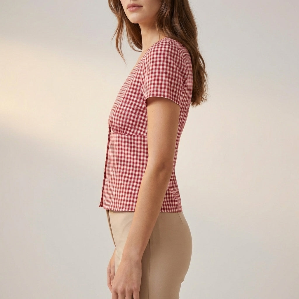 Fitted Cropped V-Neck Blouse with Puff Sleeves and Gingham Pattern
