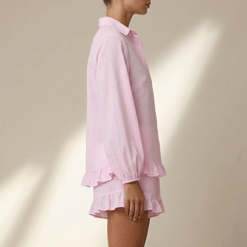 Oversized Striped Two-Piece Set with Dramatic Bubble Sleeves and Ruffled Hem