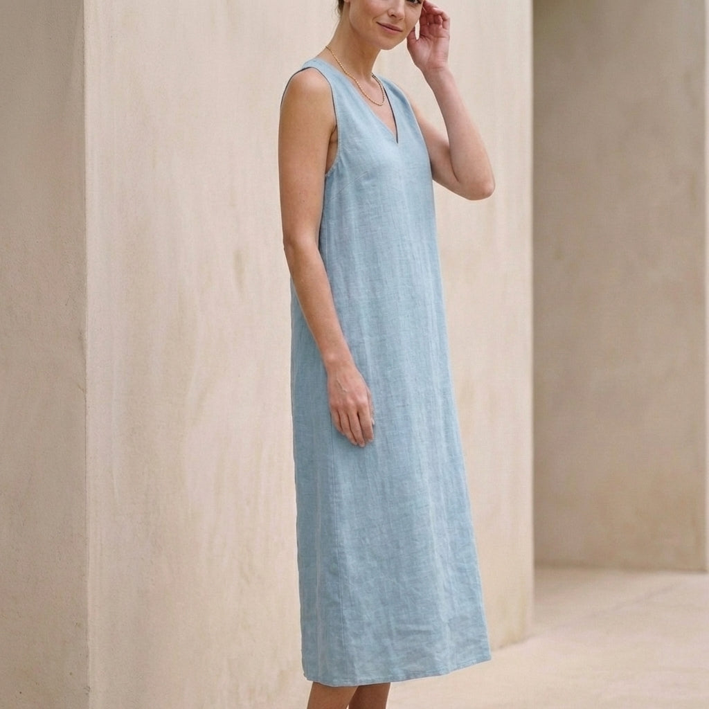 Effortless Cotton Linen V-Neck Sleeveless Shift Midi Dress with Pockets