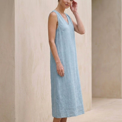 Effortless Cotton Linen V-Neck Sleeveless Shift Midi Dress with Pockets