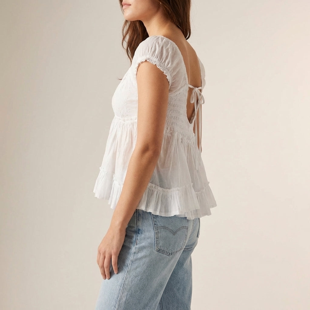 Elegant Peplum Blouse with Embroidered Eyelet and Ruffled Sleeves