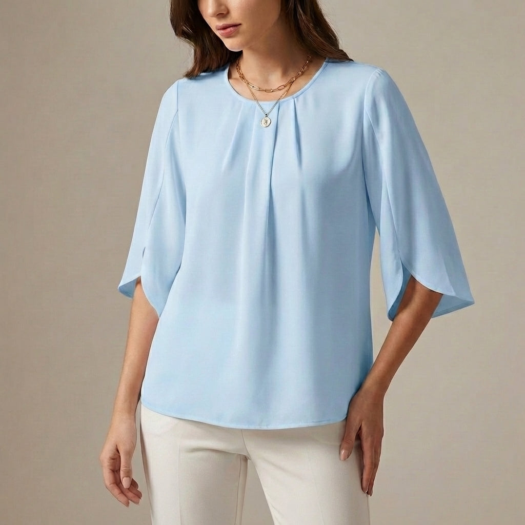 Elegant Loose Blouse with Pleated Neckline and Draped Sleeves