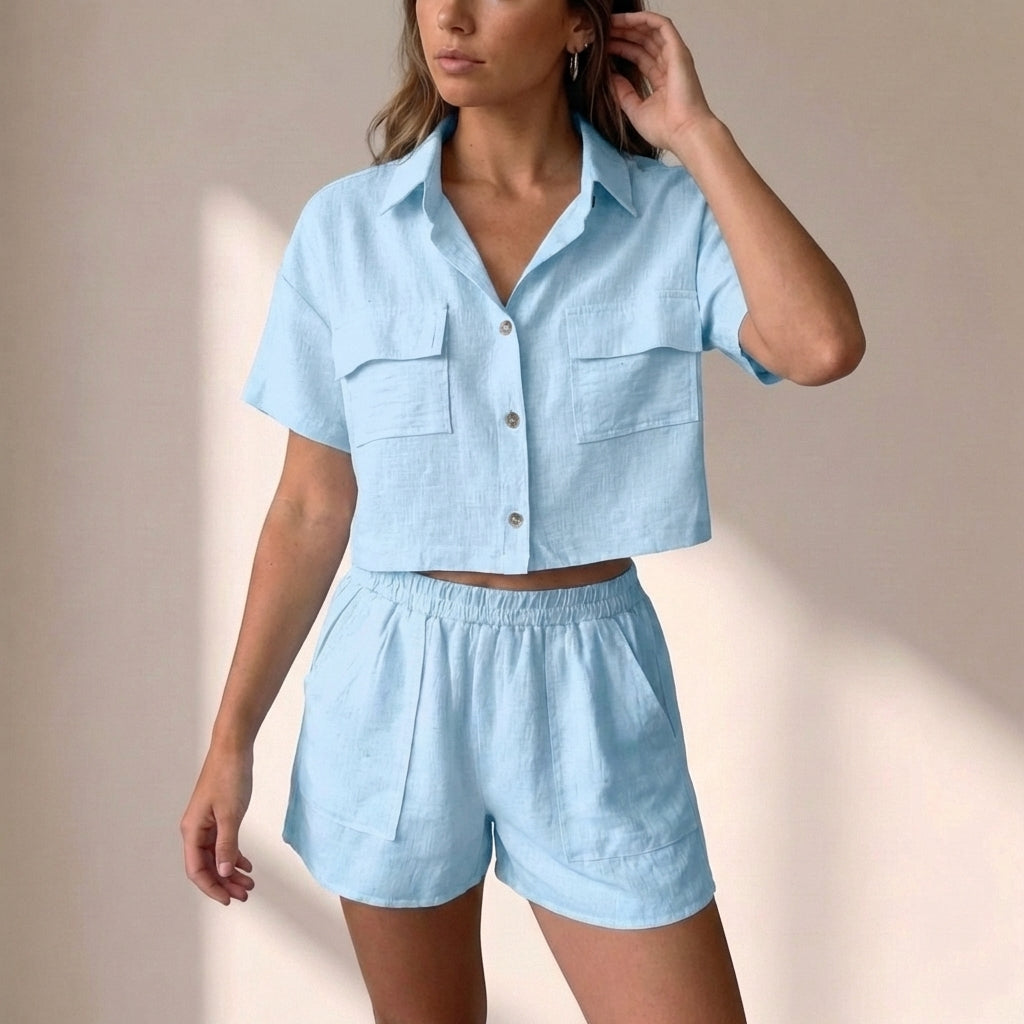 Relaxed Collared Two-Piece Shorts Set in Lightweight Textured Woven Fabric