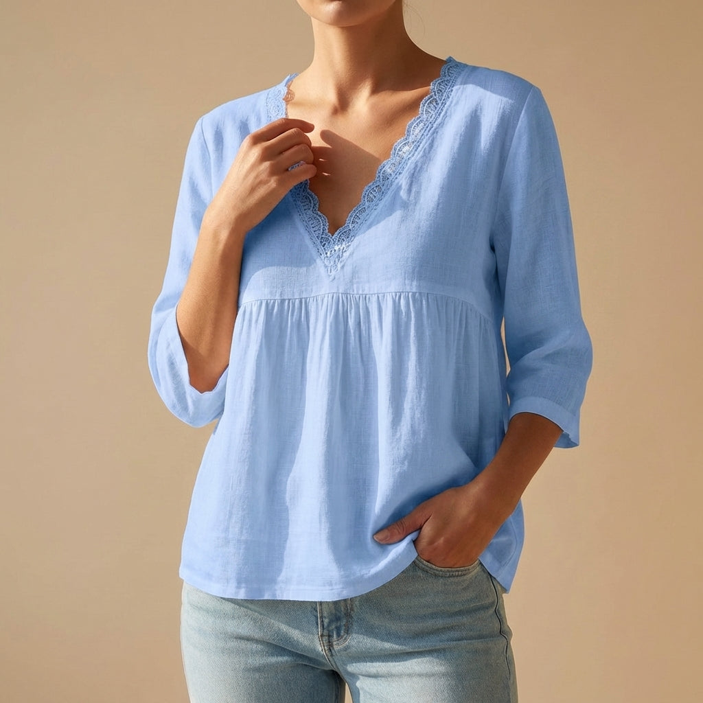 Lace-Trim V-Neck Pullover Top with Empire Waist and Flared Hem
