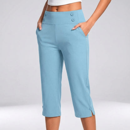 High-Waisted Tapered Capri Pants with Button Detail and Side Pockets