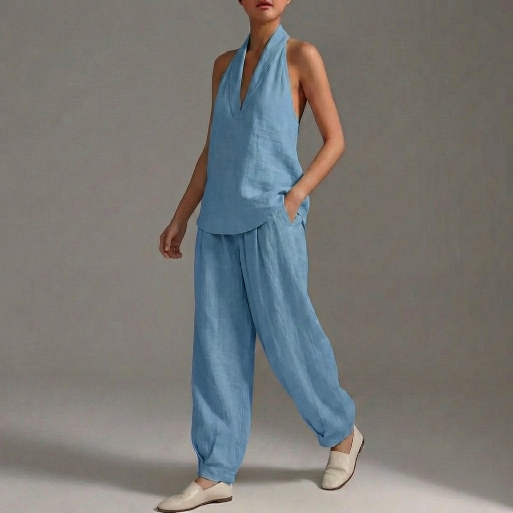 Lightweight Two-Piece Halter V-Neck Suit with Wide-Leg Trousers