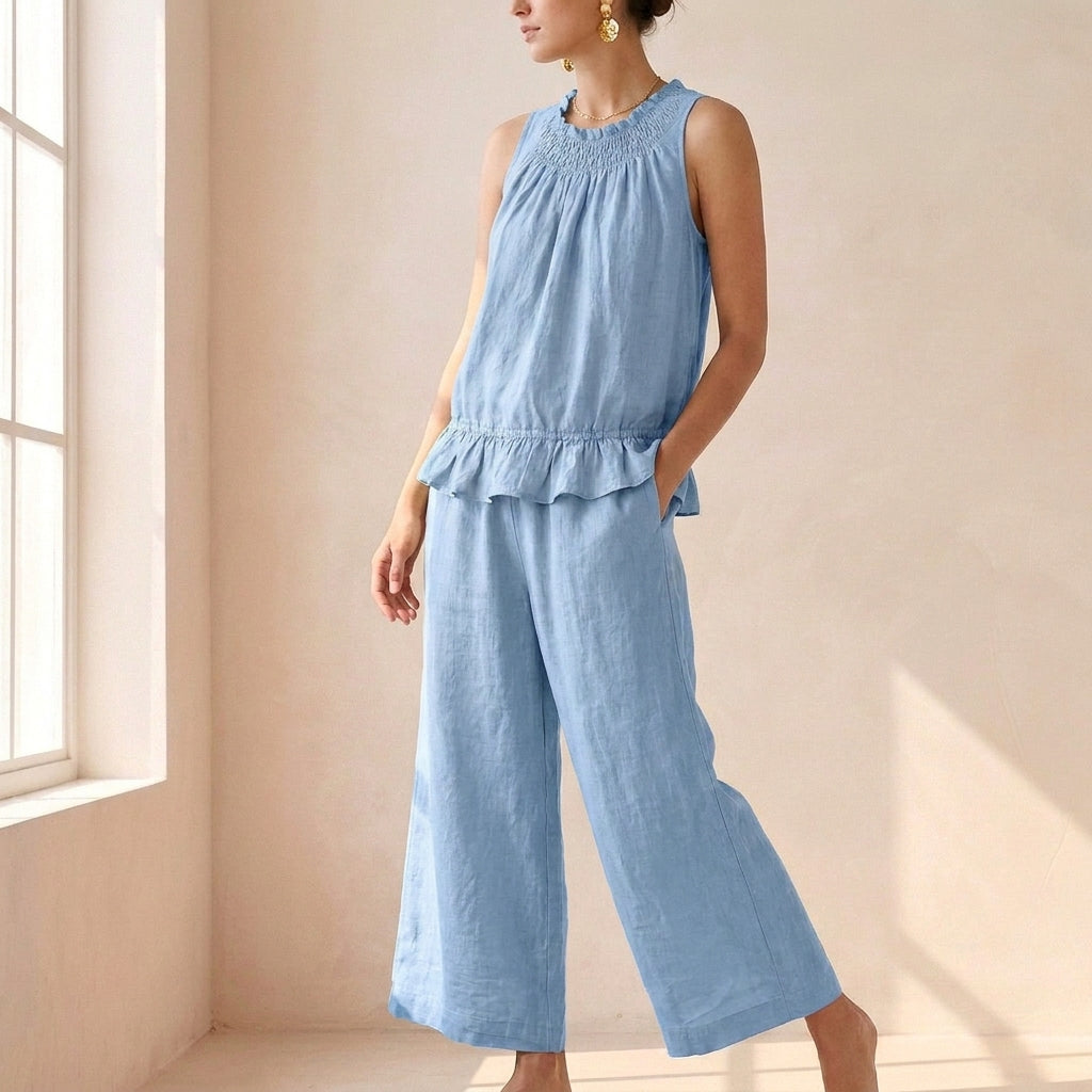 Bohemian-Inspired Relaxed Two-Piece Set with Ruffled Neckline and Wide-Leg Trousers