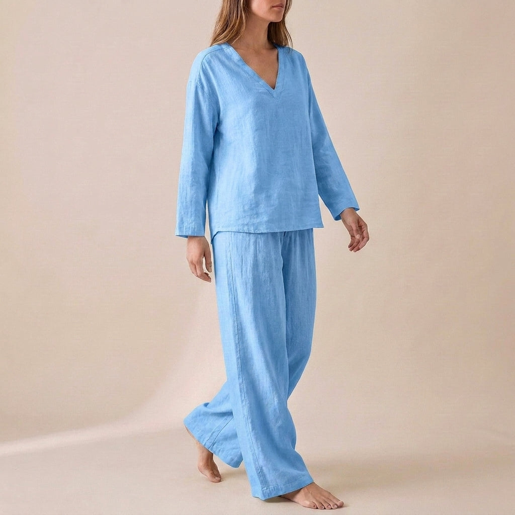 Relaxed V-Neck Pullover with Flowing Wide-Leg Pants Set