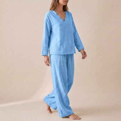 Relaxed V-Neck Pullover with Flowing Wide-Leg Pants Set