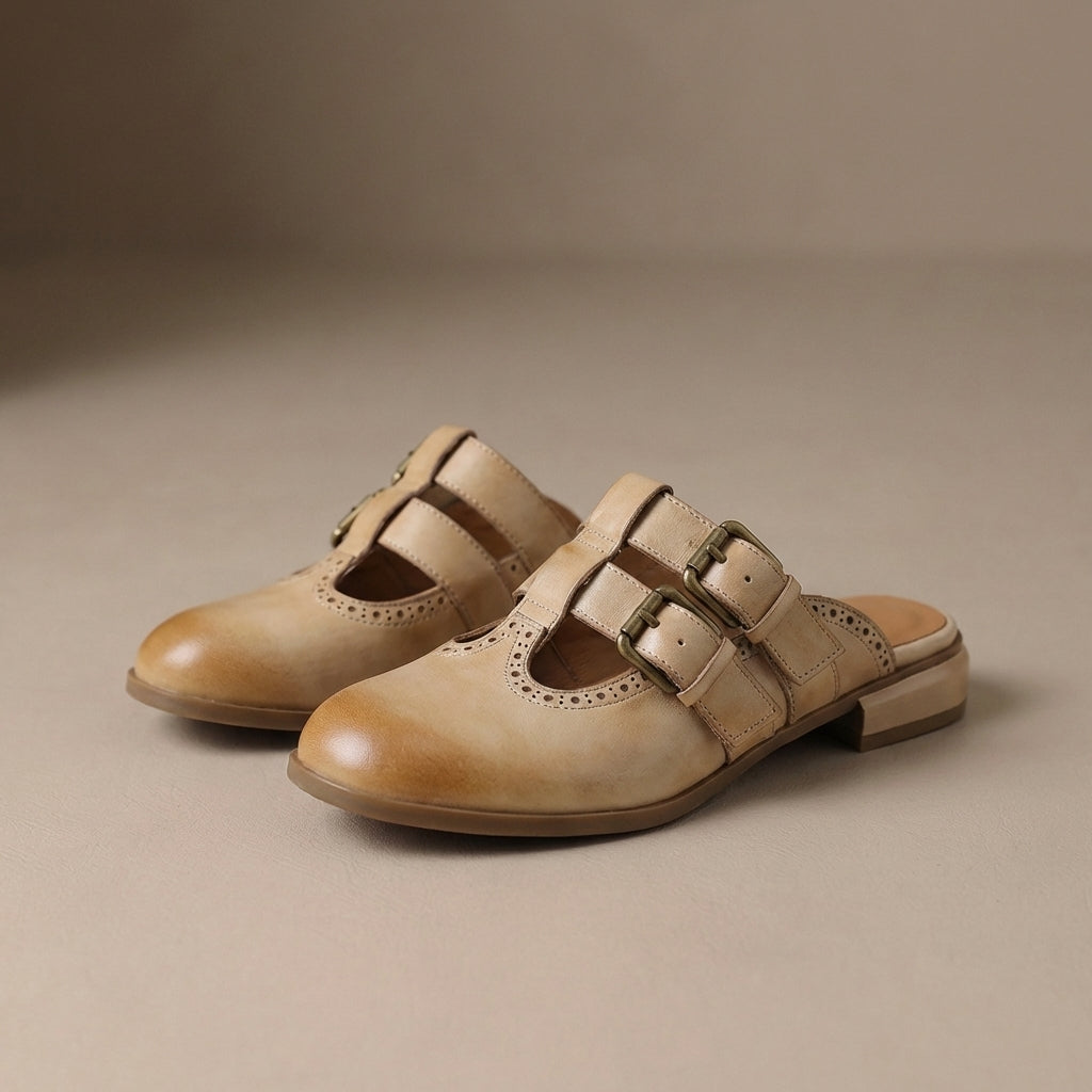 Slip-On Mule Heels with Brogue Detailing and Double Buckle Straps