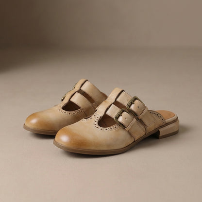 Slip-On Mule Heels with Brogue Detailing and Double Buckle Straps