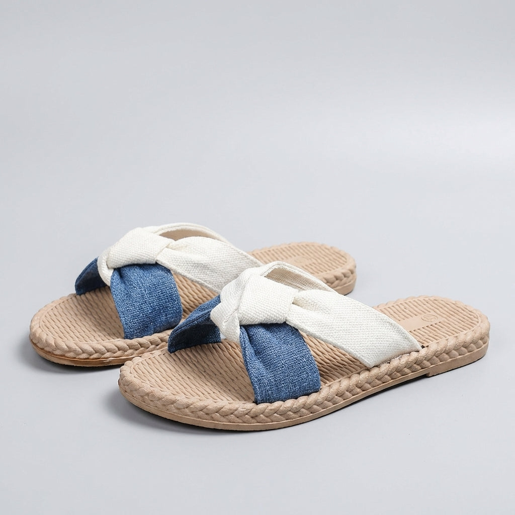 Woven-Texture Slip-On Sandals with Knotted Fabric Strap for Summer