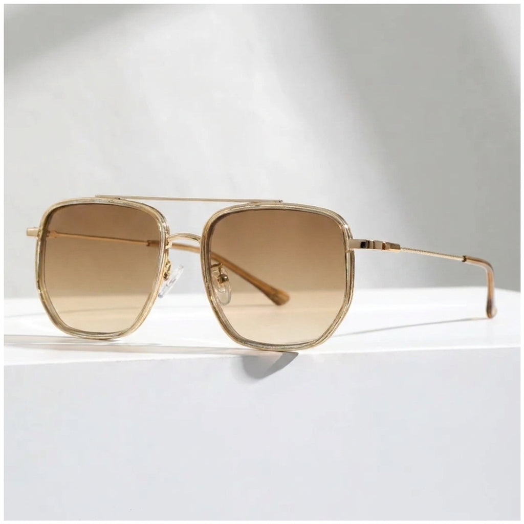 Contemporary Square Aviator Sunglasses with Double Bridge and Slim Temple