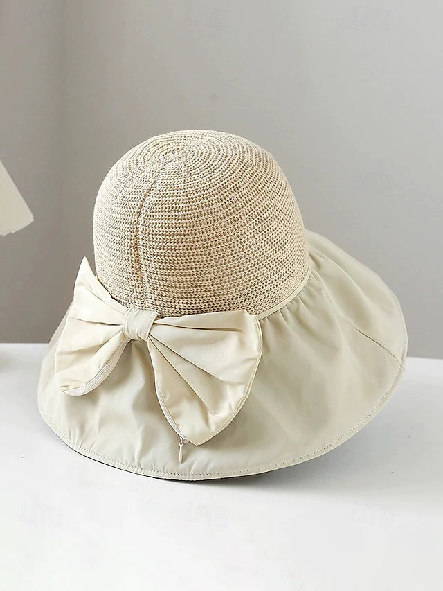 Foldable Wide Brim Sun Hat with Textured Crown and Elegant Bow Accent