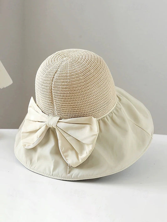 Foldable Wide Brim Sun Hat with Textured Crown and Elegant Bow Accent