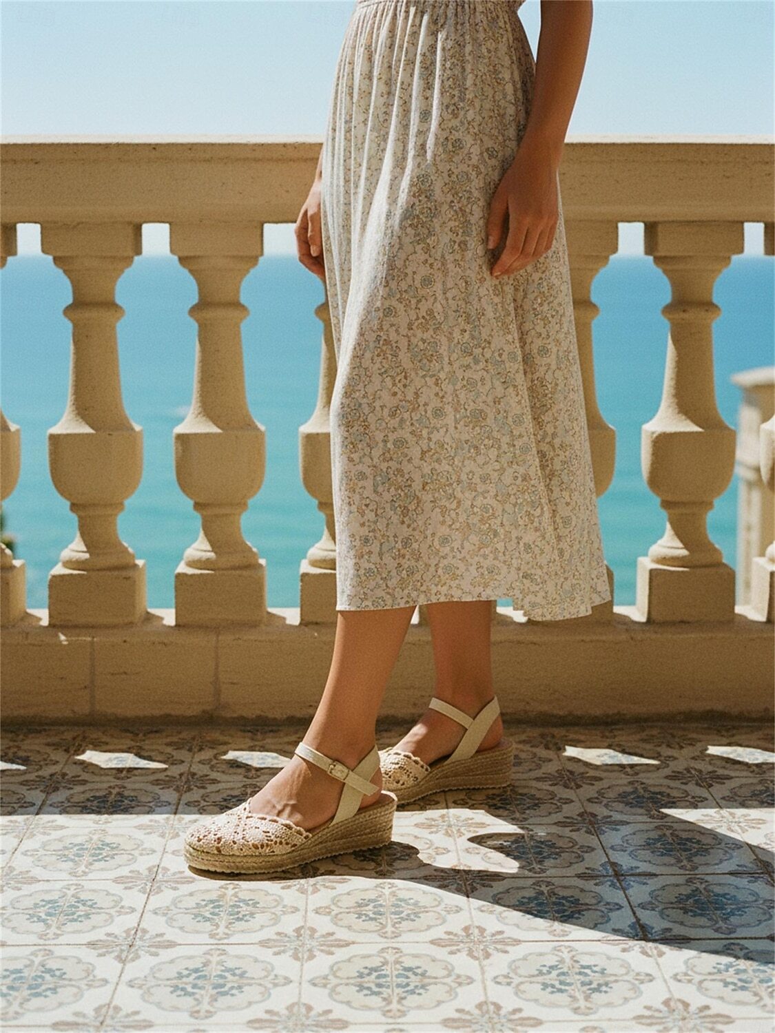 Crochet Openwork Espadrille Wedge Sandals with Adjustable Ankle Strap