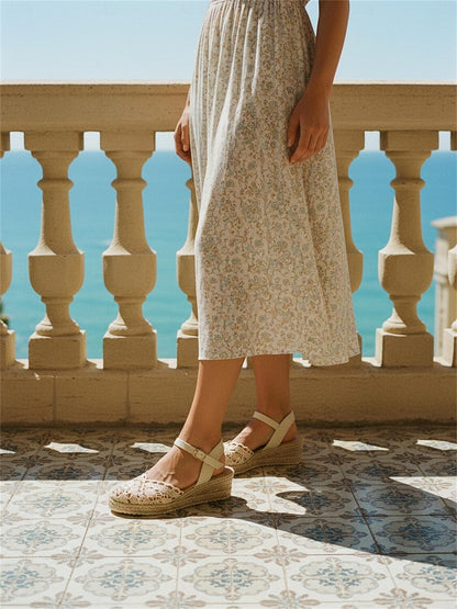 Crochet Openwork Espadrille Wedge Sandals with Adjustable Ankle Strap
