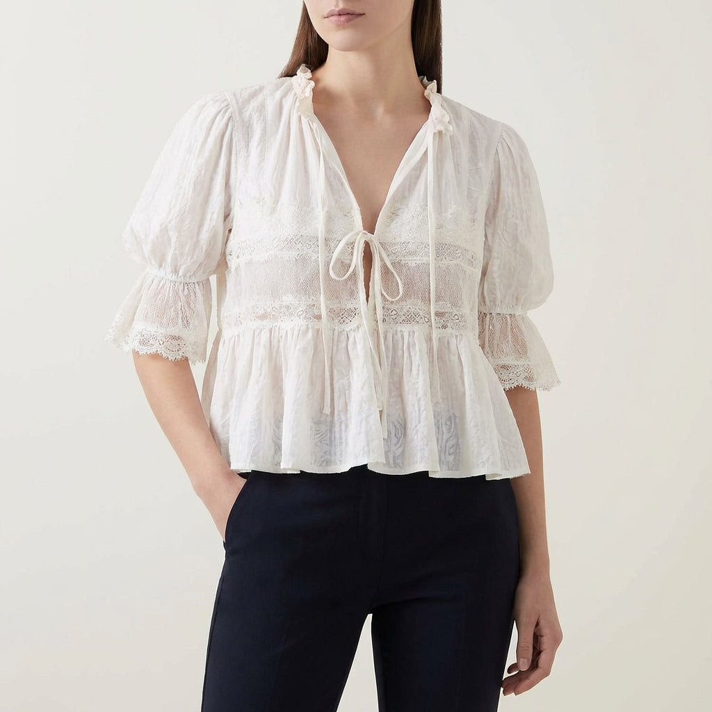 Flowing Bohemian Babydoll Blouse with Lace Insets and Ruffle Trim