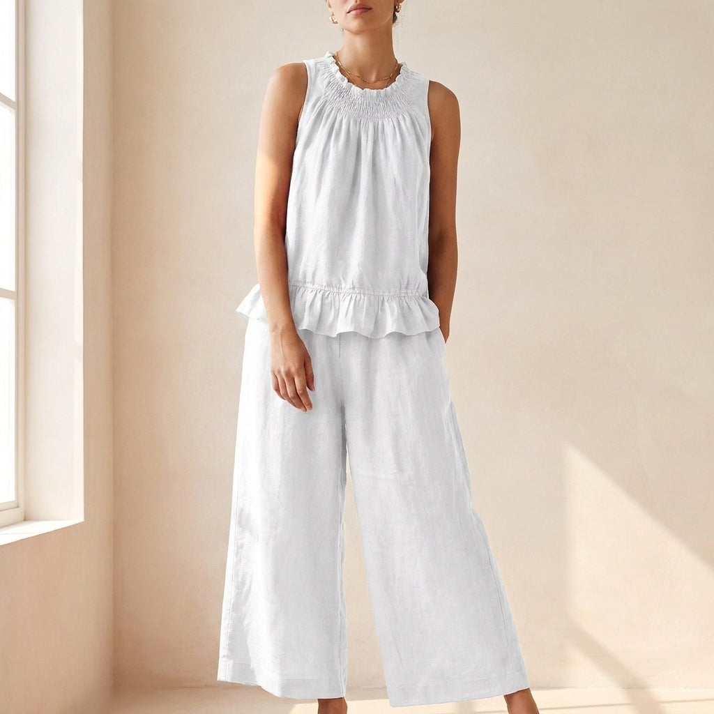 Bohemian-Inspired Relaxed Two-Piece Set with Ruffled Neckline and Wide-Leg Trousers