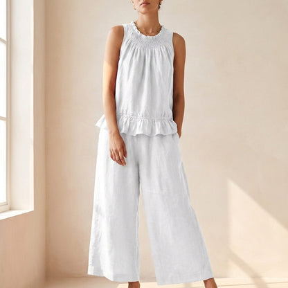 Bohemian-Inspired Relaxed Two-Piece Set with Ruffled Neckline and Wide-Leg Trousers