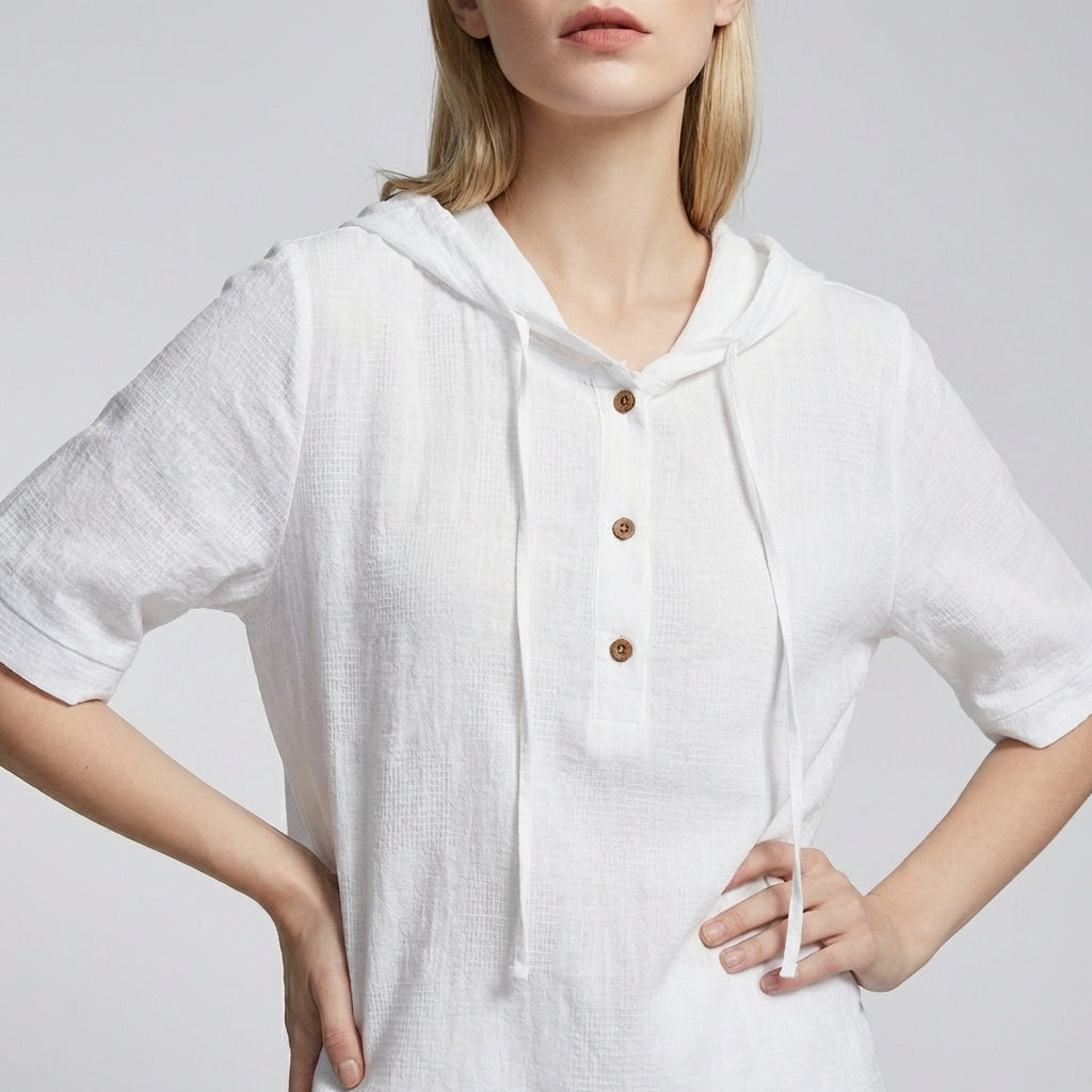 Amelia Relaxed Hooded Blouse with Drawstring and High-Low Hem