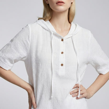 Amelia Relaxed Hooded Blouse with Drawstring and High-Low Hem