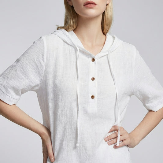 Amelia Relaxed Hooded Blouse with Drawstring and High-Low Hem