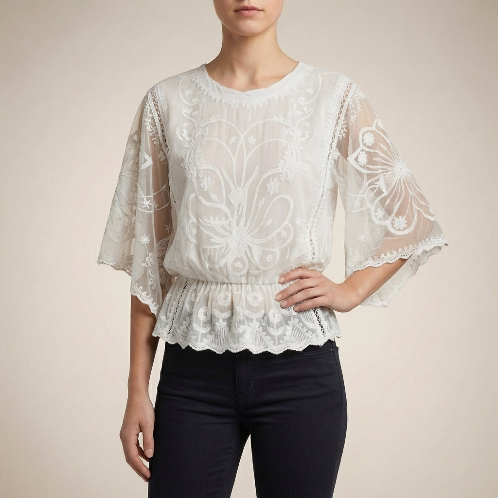 Boho-Chic Embroidered Sheer Mesh Blouse with Flared Sleeves