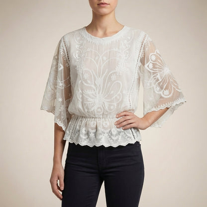 Boho-Chic Embroidered Sheer Mesh Blouse with Flared Sleeves