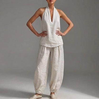 Lightweight Two-Piece Halter V-Neck Suit with Wide-Leg Trousers