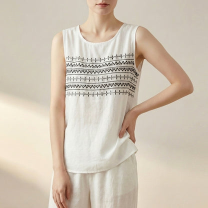 Relaxed Geometric Embroidered Sleeveless Vest with Layered Hem