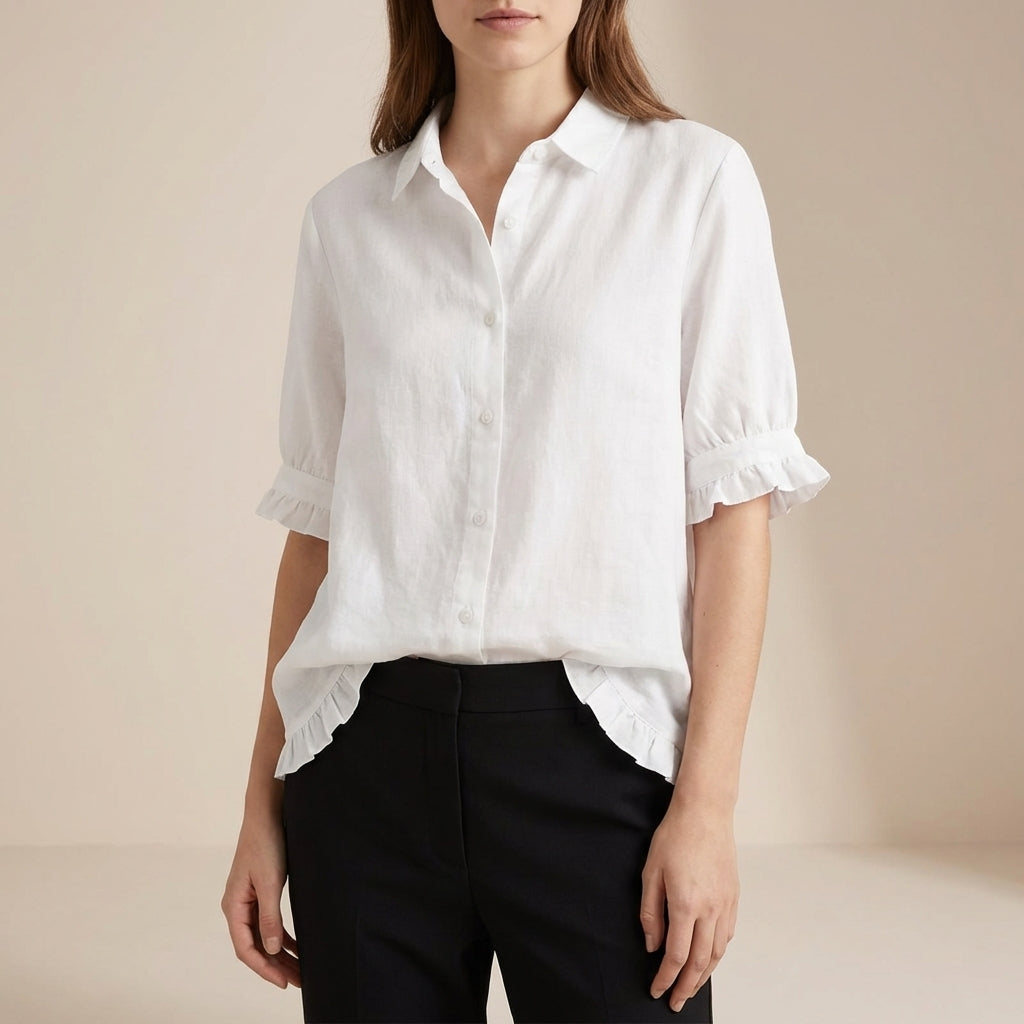 Relaxed Boxy Button-Front Blouse with Ruffled Cuffs and Hemline