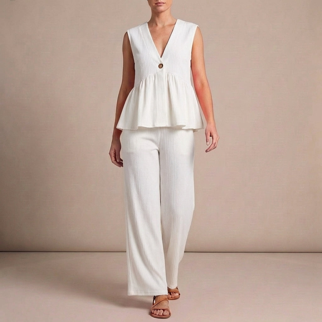 Lightweight Textured Two-Piece Set with Peplum Top and Wide-Leg Pants