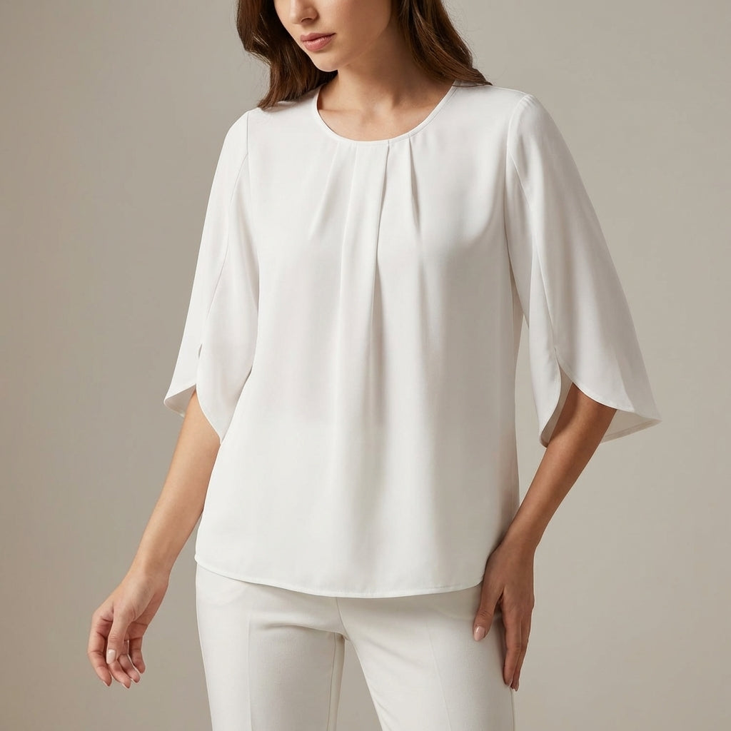 Elegant Loose Blouse with Pleated Neckline and Draped Sleeves