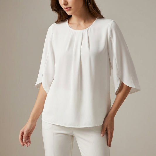Elegant Loose Blouse with Pleated Neckline and Draped Sleeves