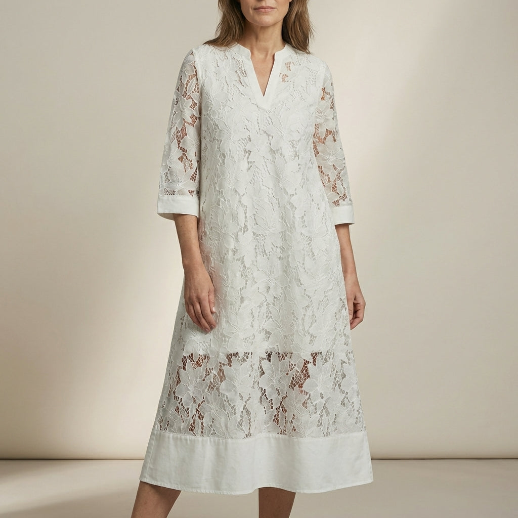 Alice A-Line Lace Midi Dress with Notched V-Neck and Sheer Accents