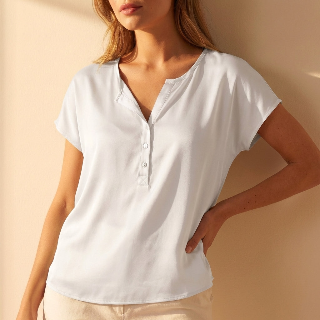 Elisa Relaxed V-Neck Short Sleeve Button-Detail Top