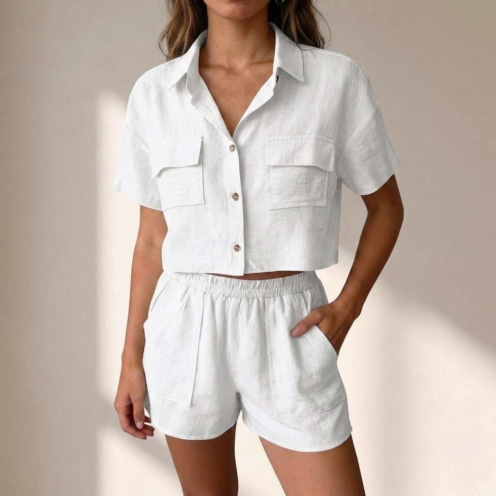 Relaxed Collared Two-Piece Shorts Set in Lightweight Textured Woven Fabric