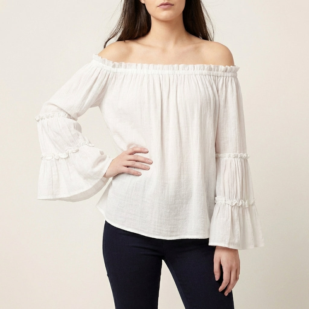 Bohemian Off-the-Shoulder Blouse with Tiered Bell Sleeves