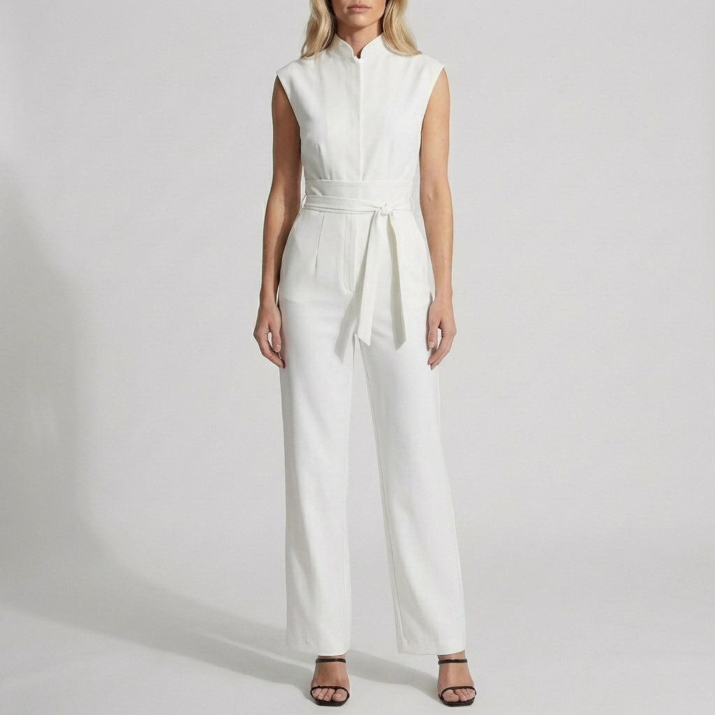Tailored Wide-Leg Ankle-Length Jumpsuit with Mock Neck and Belt