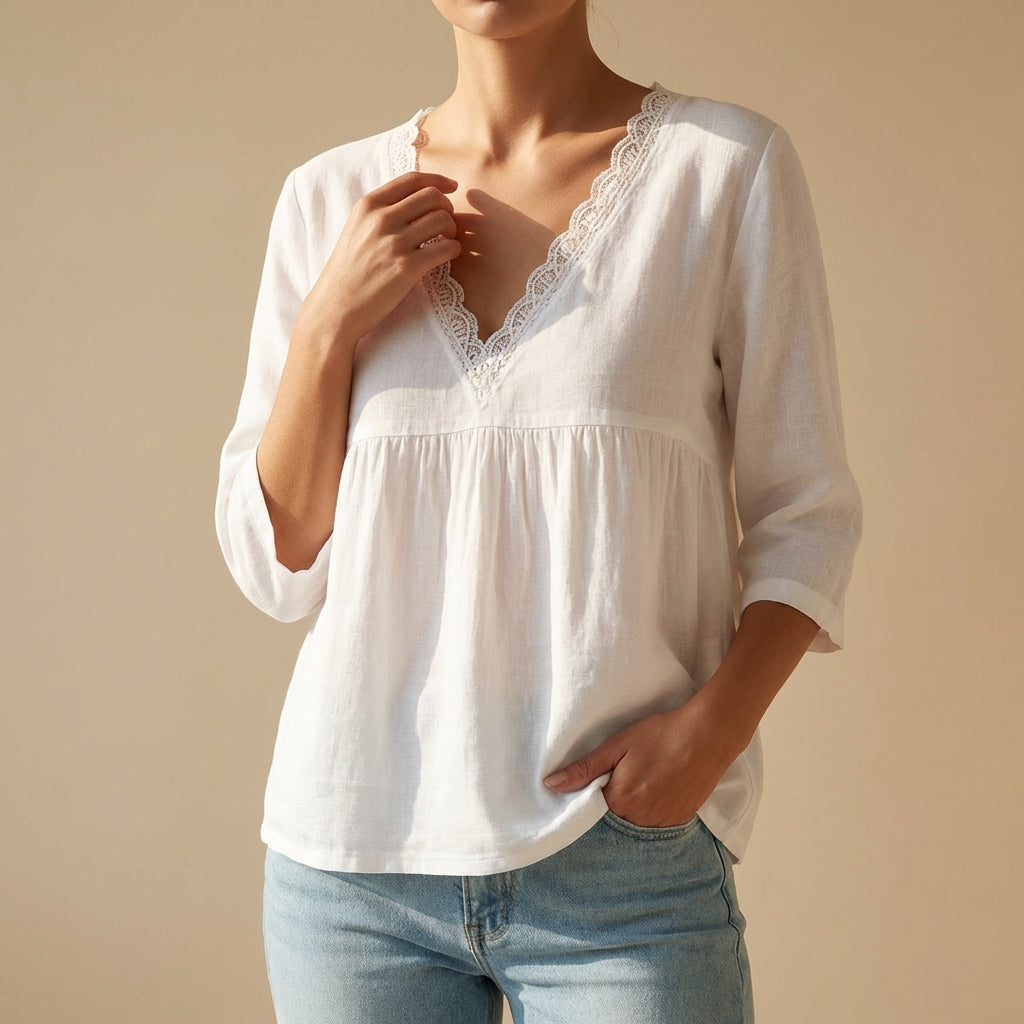 Lace-Trim V-Neck Pullover Top with Empire Waist and Flared Hem